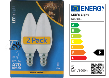 2 STÜCK (VPE) SHADA LED Kerze E14 470lm 5W, warmweiss 2700K, C35 mattiert, EEC: F (0600181GB2)